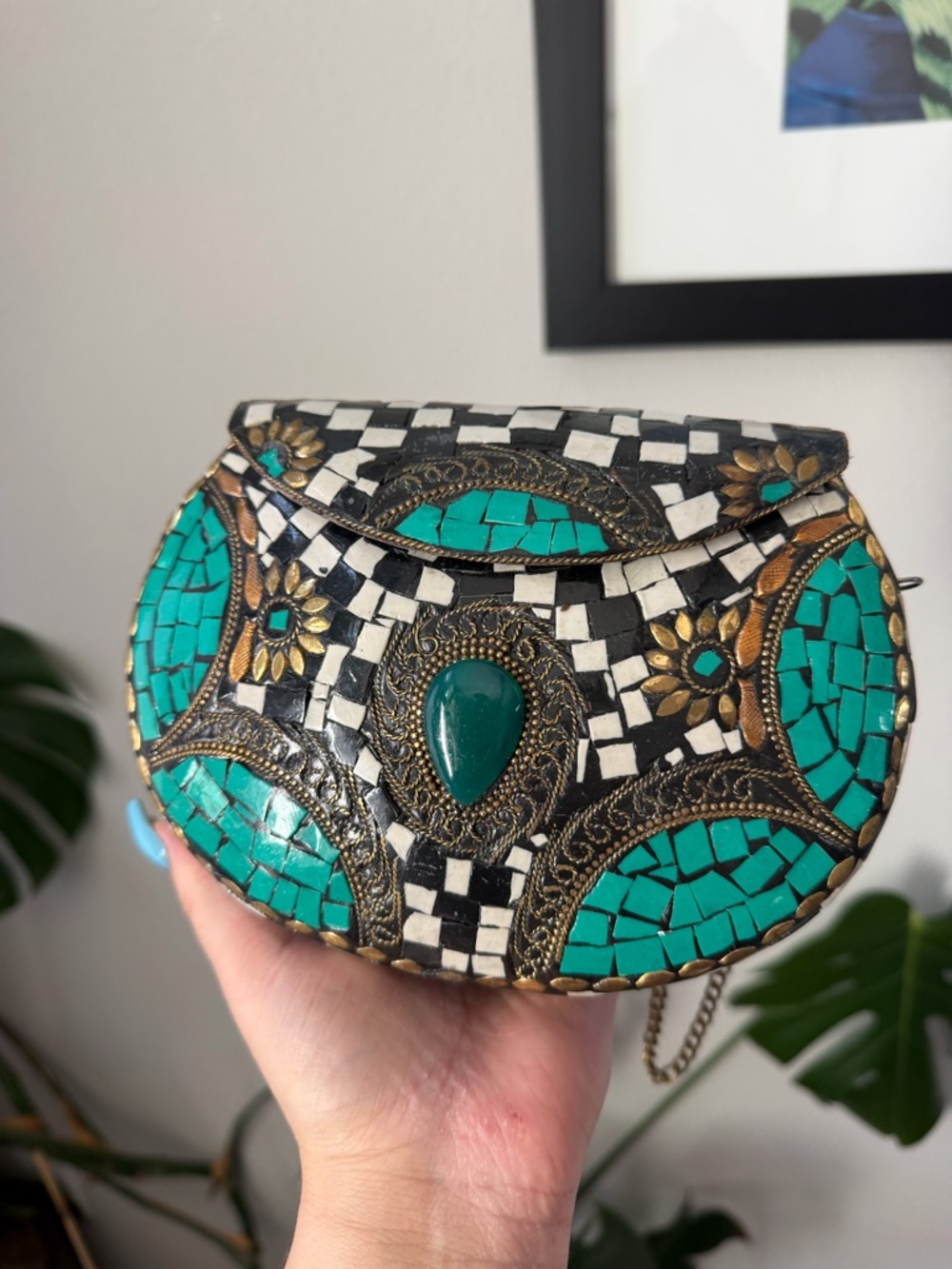 STUNNING Vintage Mosaic and Stone Encrusted Evening Bag Malachite Black & White